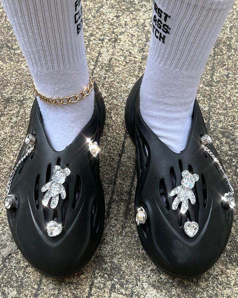 

Hollow-out Chain Decor Bear Heart Rhinestone Clogs, Black