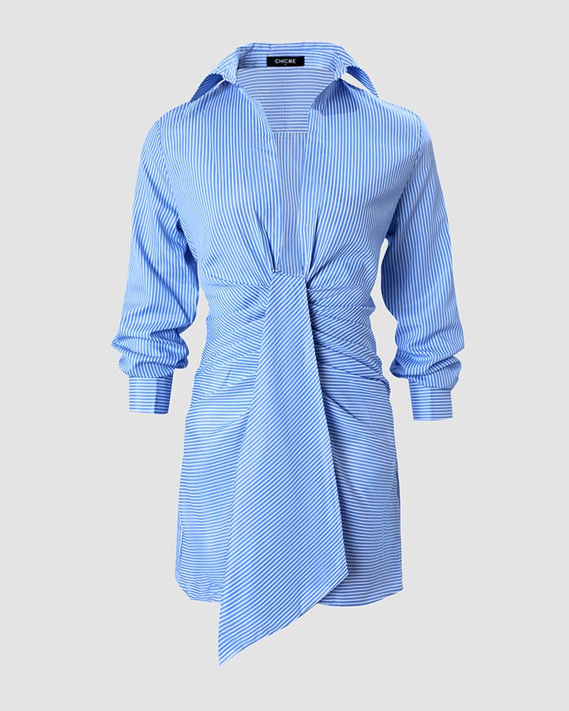 

Striped Print Tie Front Ruched Long Sleeve Shirt Dress, Blue