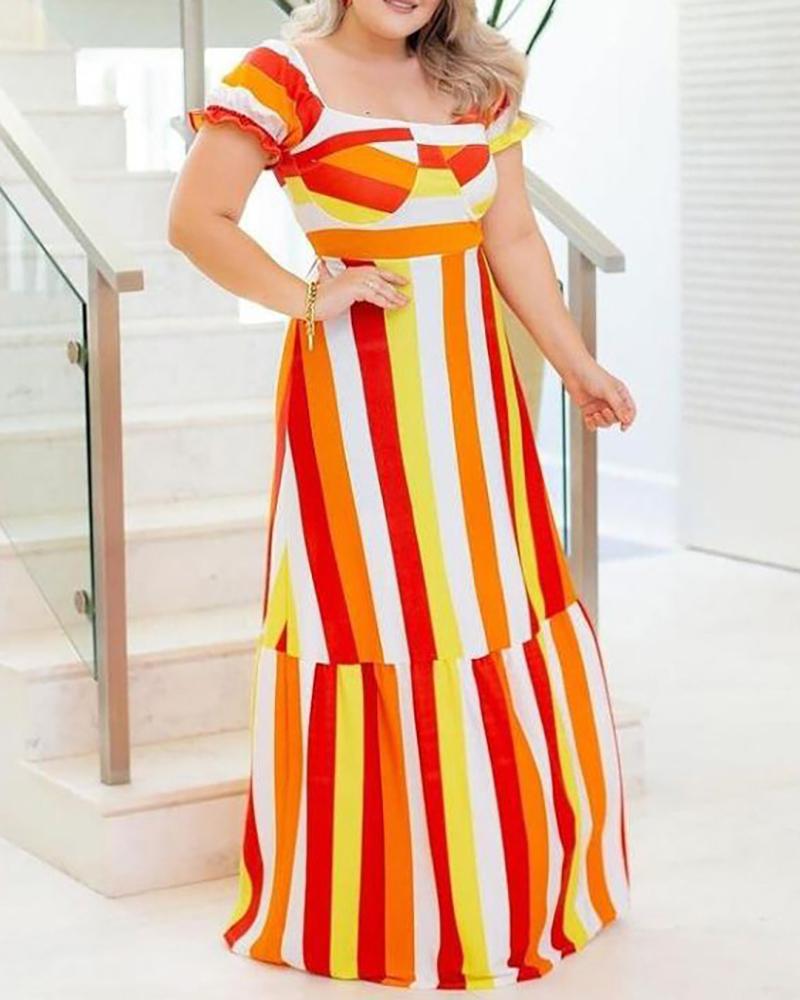 

Plus Size Striped Colorblock Short Sleeve Maxi Dress, Orange