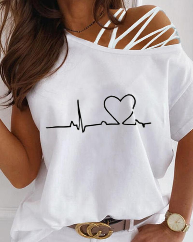 

Heart Print Cold Shoulder Top, White