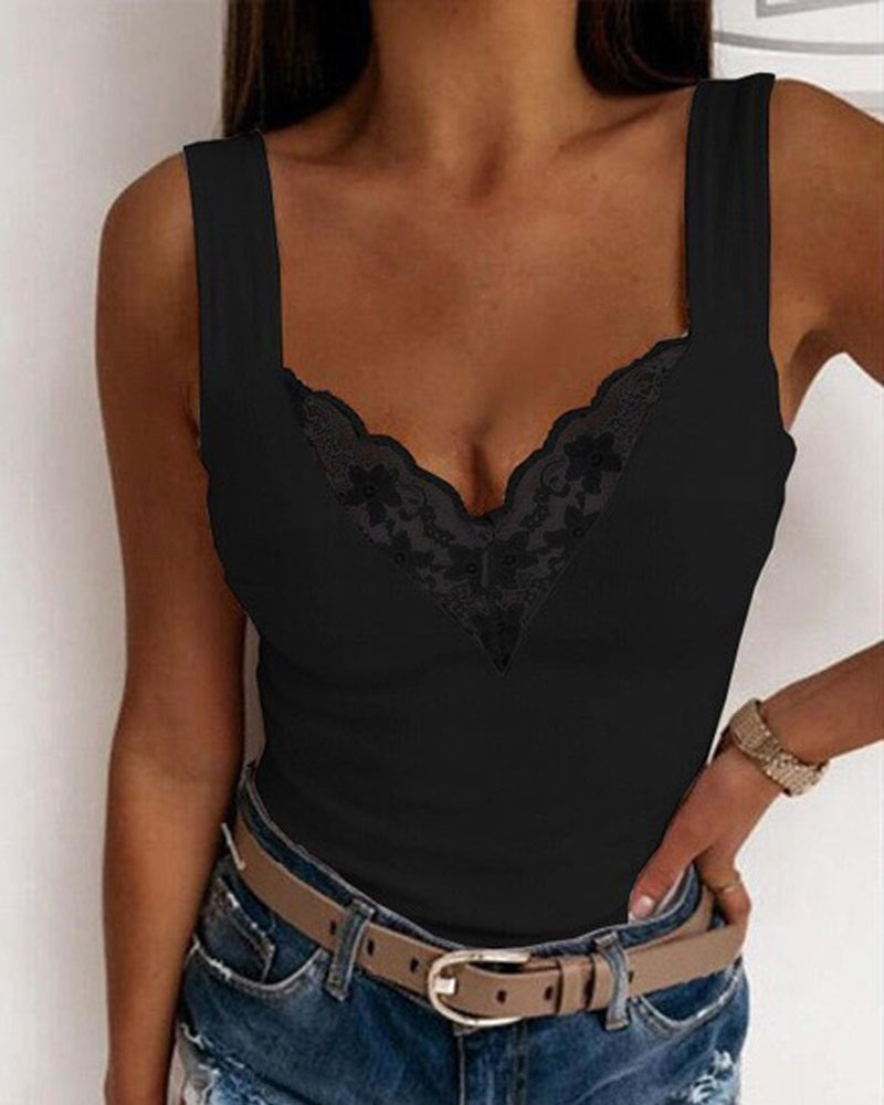 

Contrast Lace Basic Tank Top, Black