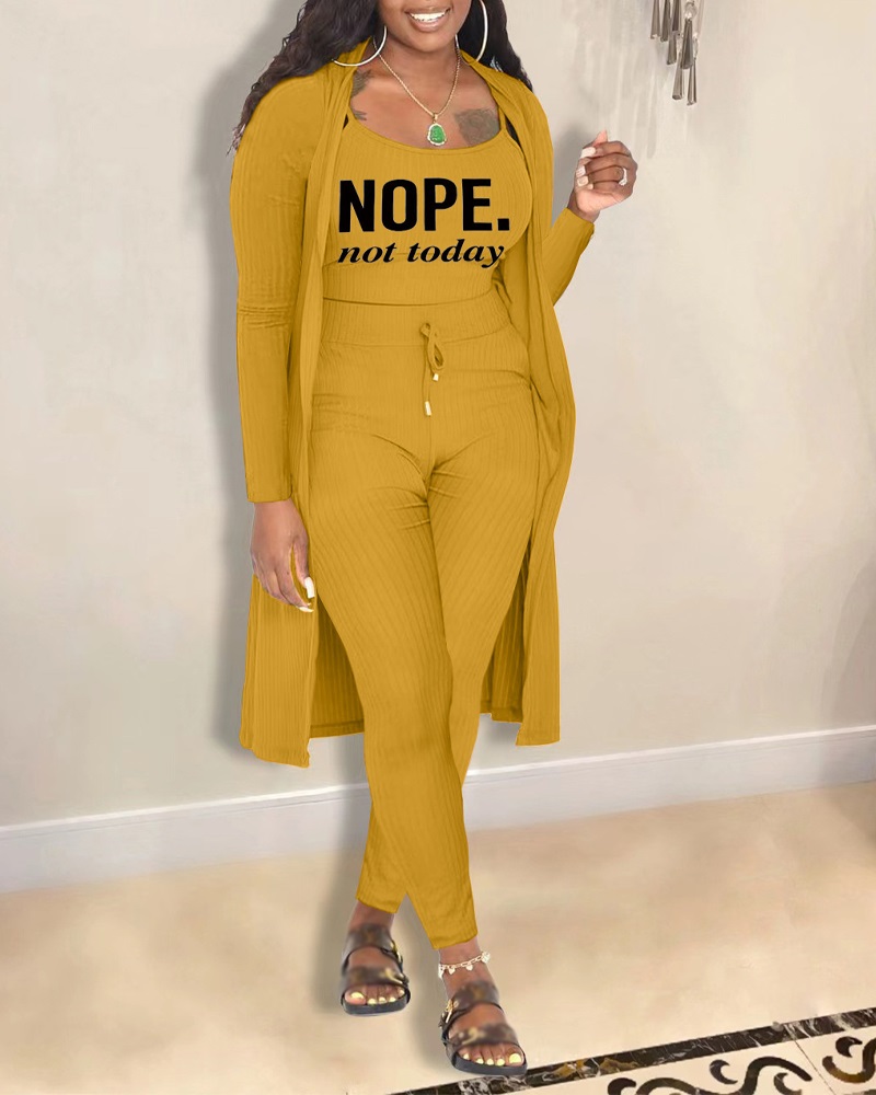 

3PCS Letter Print Ribbed Cami Top & Pants Set With Coat, Yellow