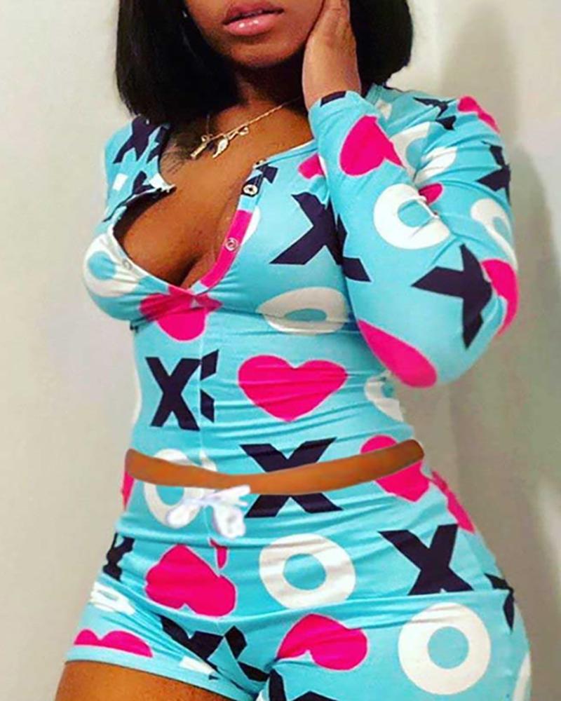 

Letter Heart Print Buttoned Pajamas Set, Light blue