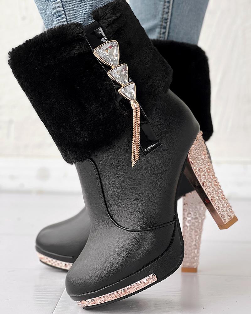 

Rhinestone Tassel Fuzzy Detail Lined Boots, Black