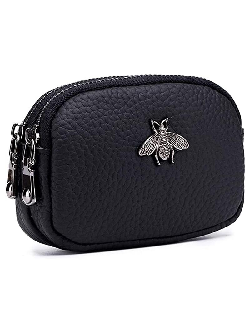 

Women's Purse Zipper Design Bee Pattern Card Holder Leather Coin Wallet, Black