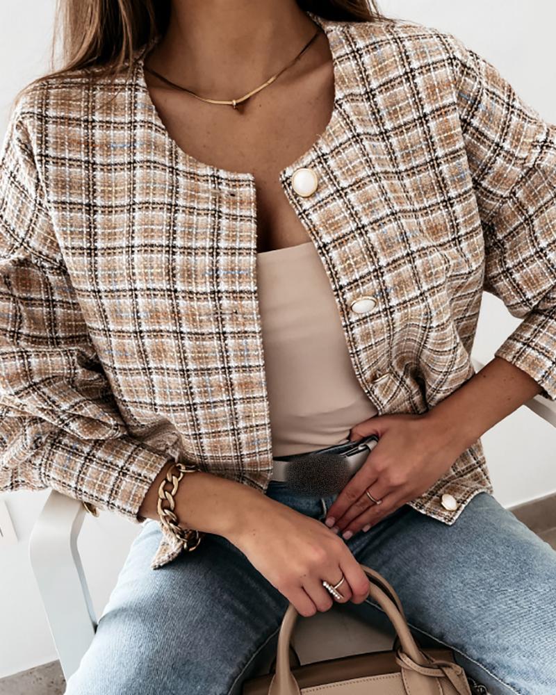 

Plaid Button Front Tweed Lantern Sleeve Coat, Beige