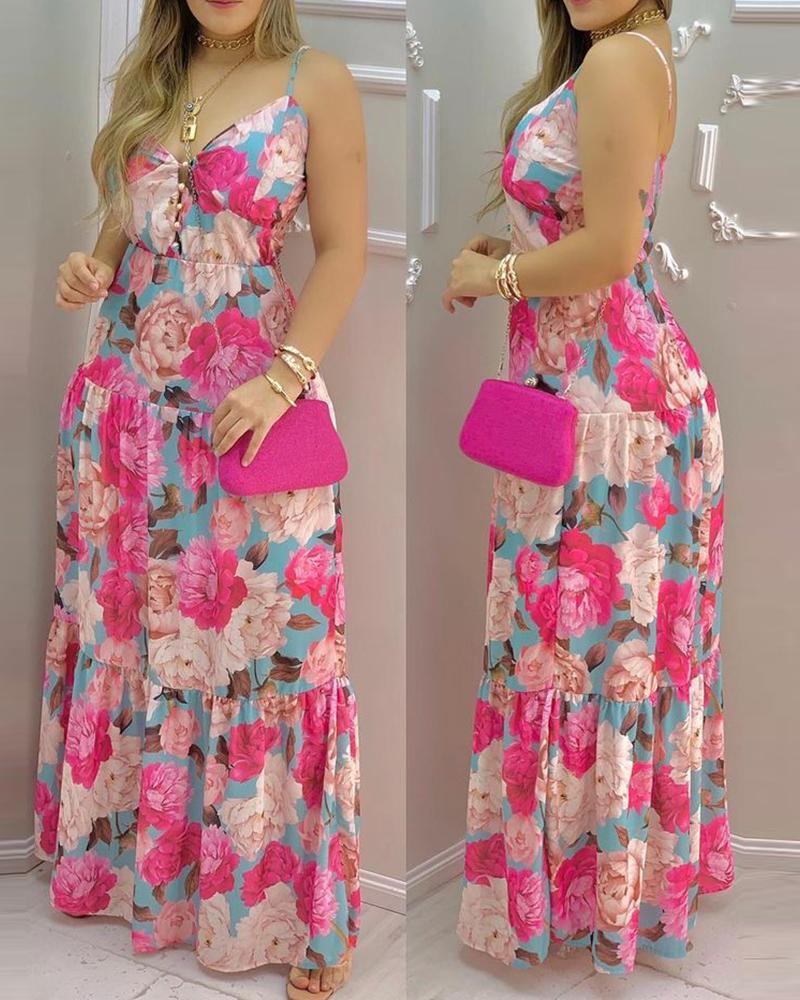 

Floral Print Deep V Neck Spaghetti Strap Dress, Blue