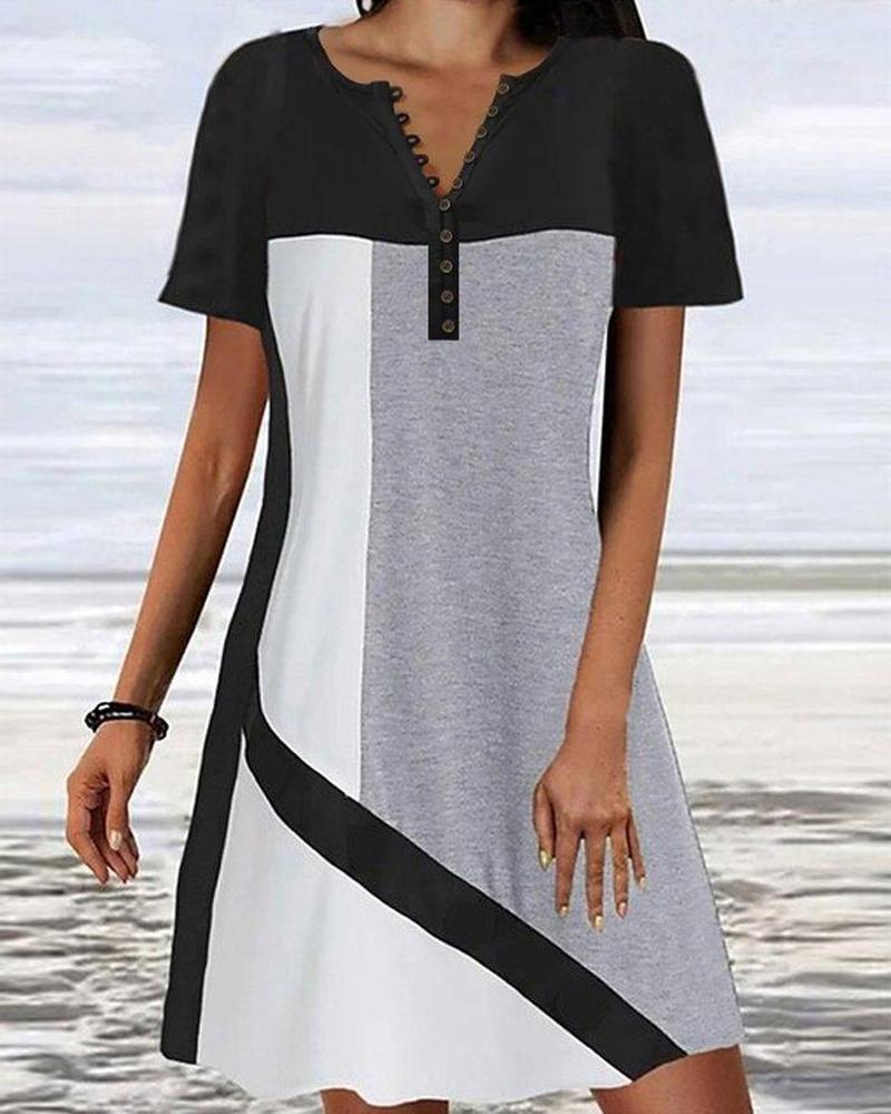 

Geometric Print Button Front Casual Dress, Gray