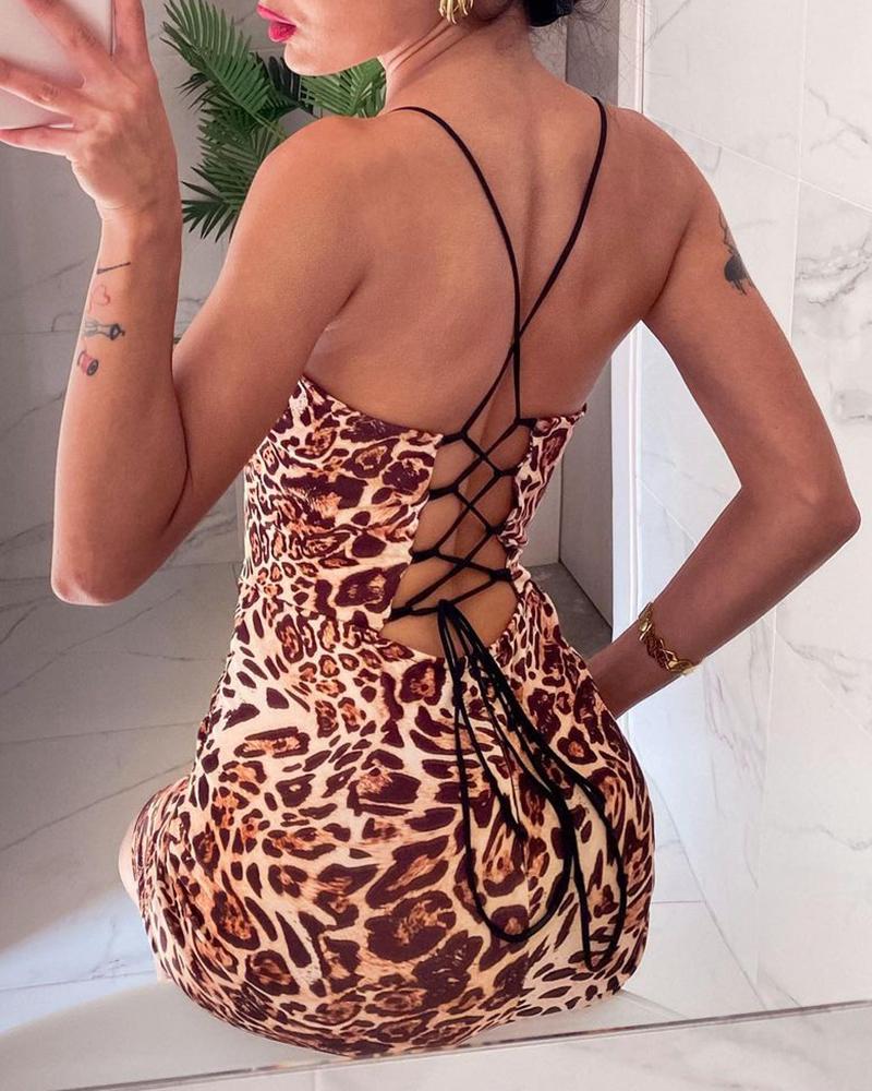 

Lace Up Sleeveless Cheetah Print Bodycon Dress, Leopard