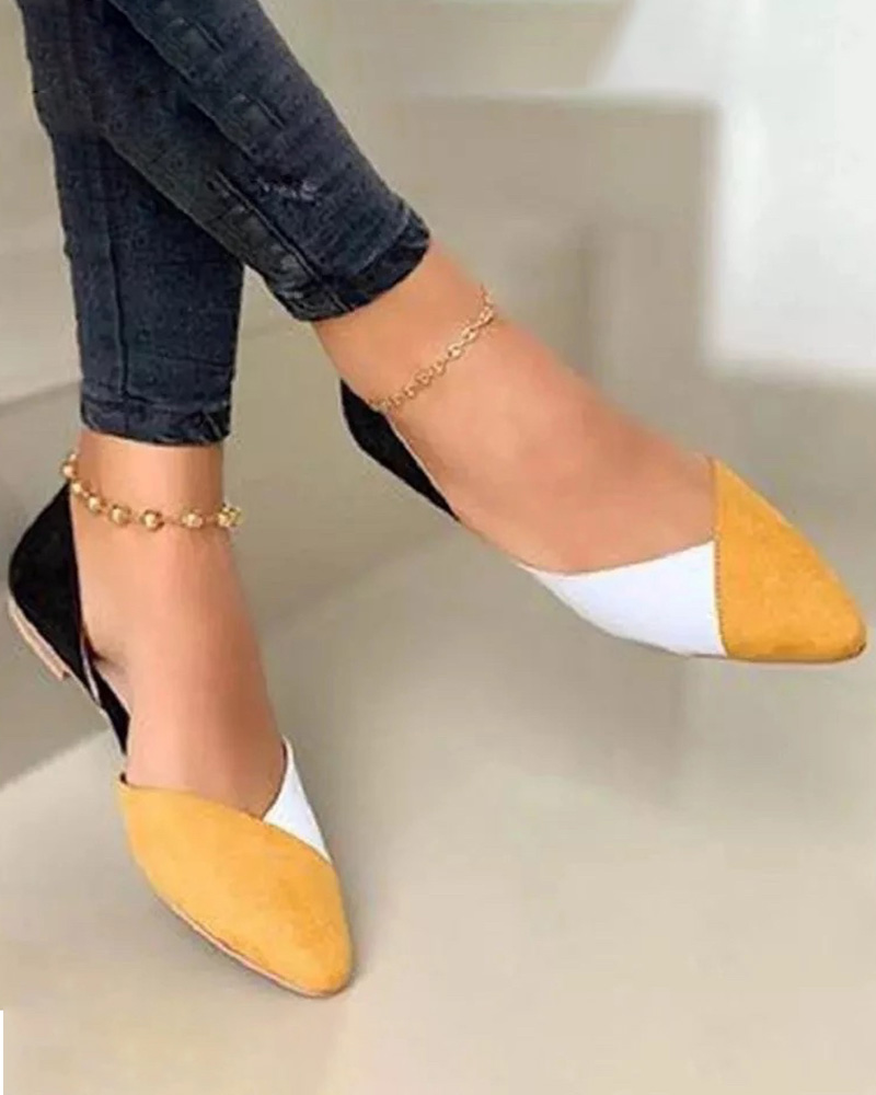 

Colorblock Pointed Toe Velvet Slip On Flat Shoes, Yellow&white