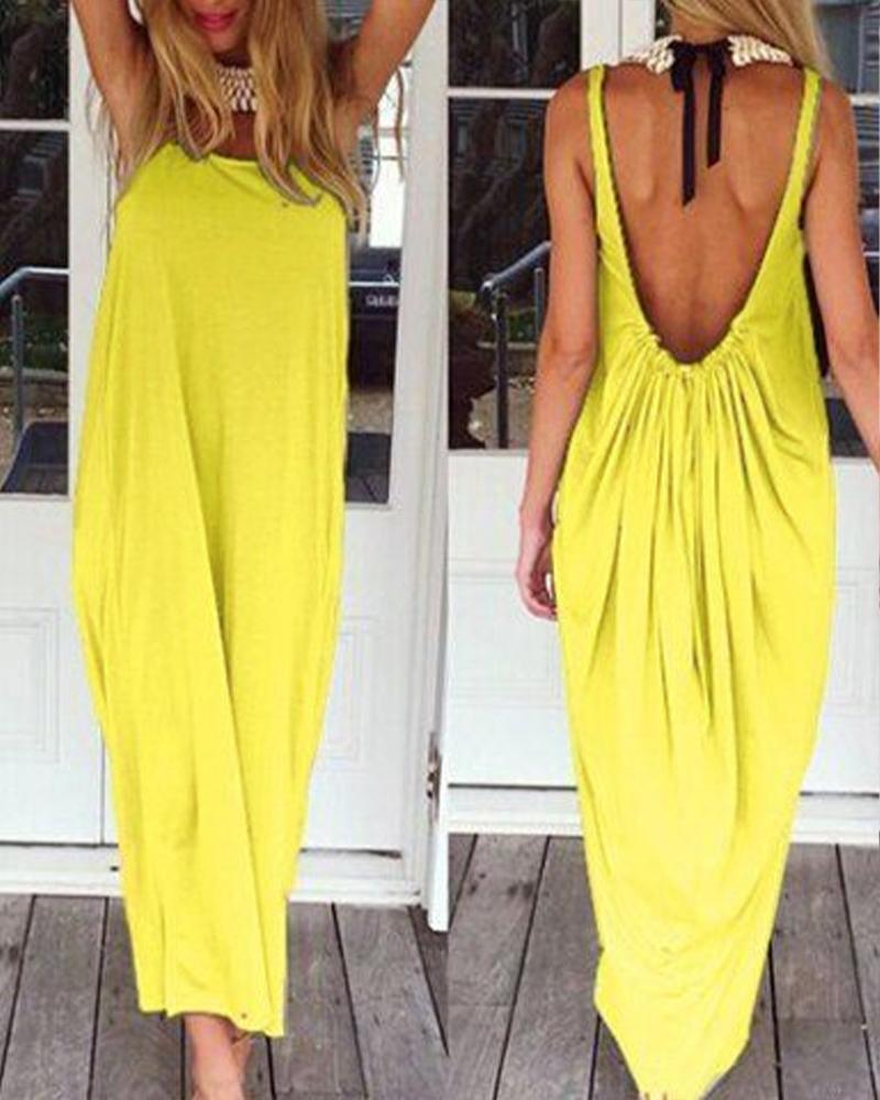 

Backless Ruched Casual Maxi Dress, Yellow