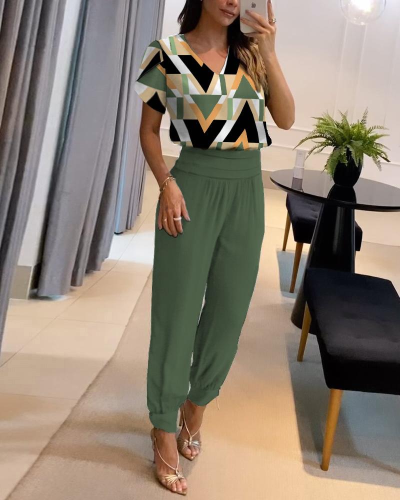 

Geometric Print Top & Cuffed Pants Set, Army green