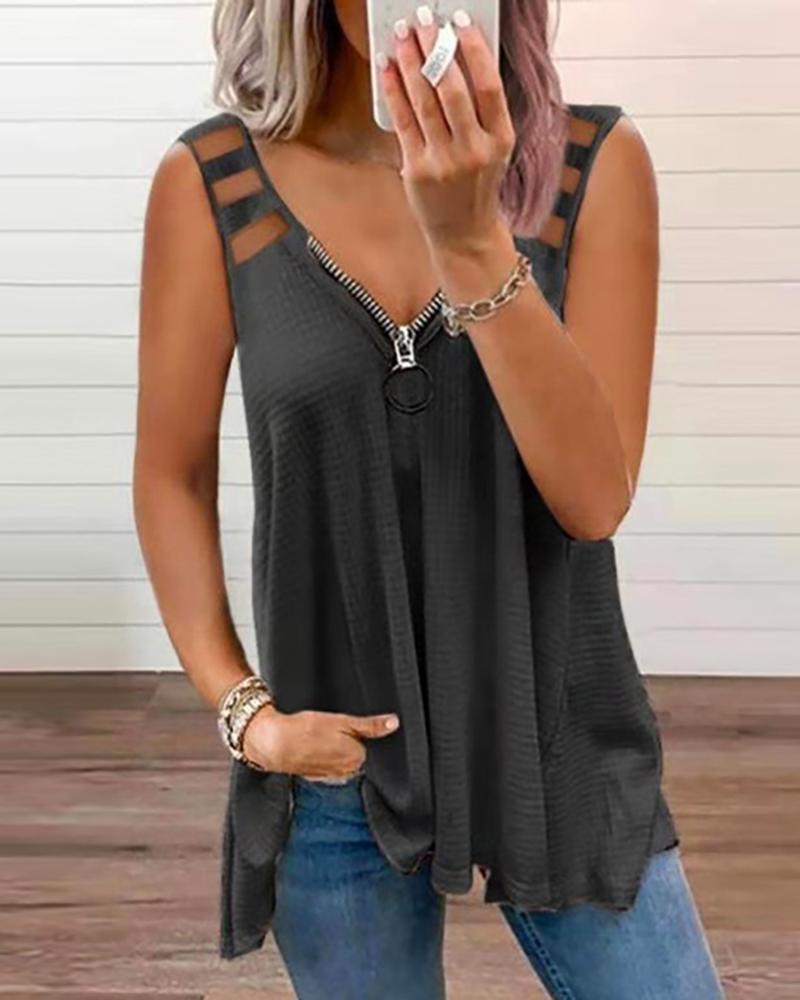 Buy Ladder Cutout Zip Front Knit Tank Top. Picture