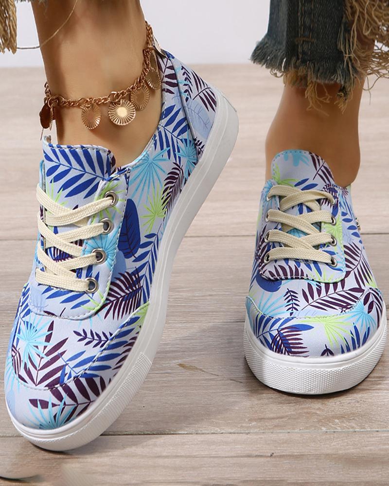 

Tropical Print Lace-up Canvas Sneakers, Blue