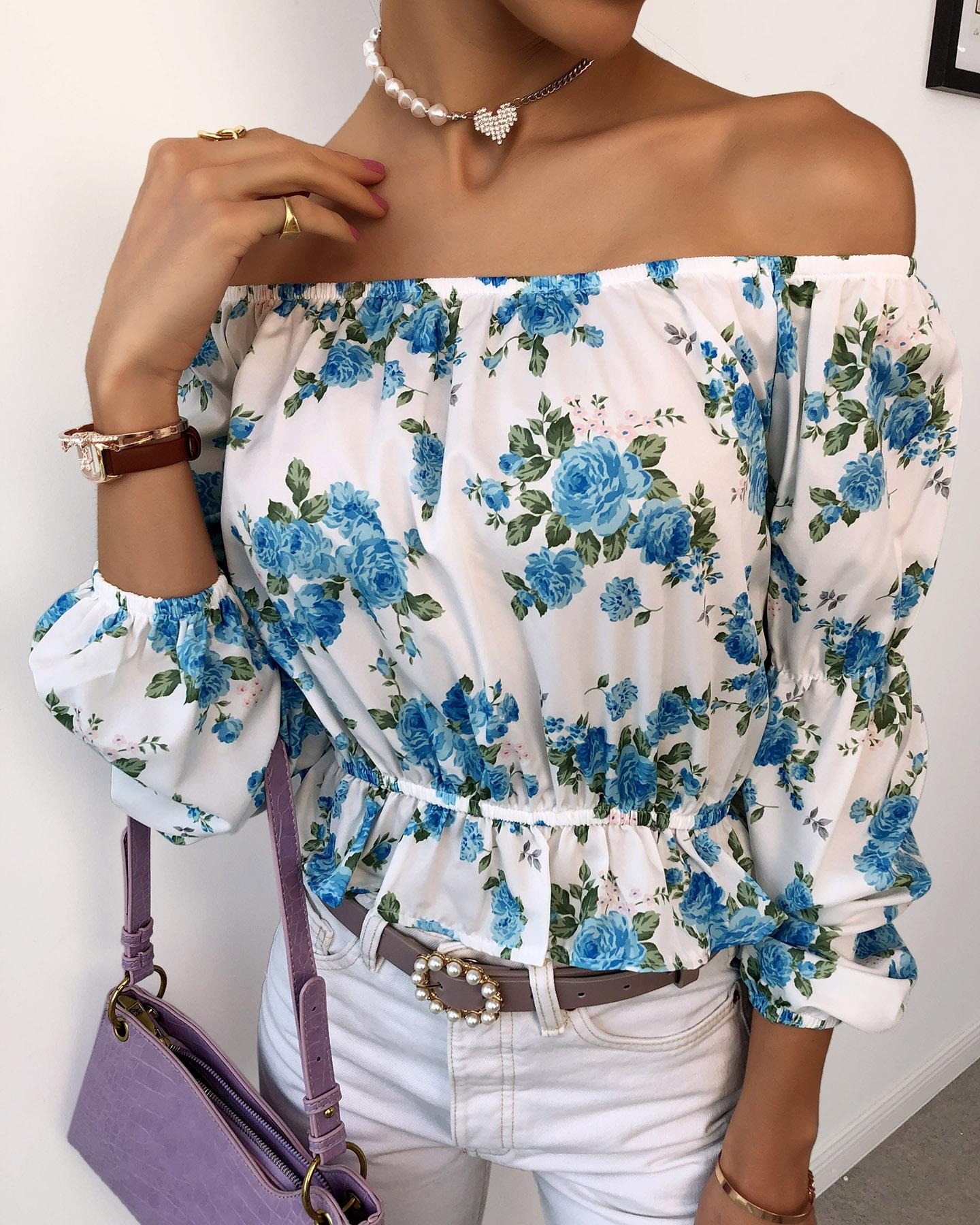 

Floral Print Long Bubble Sleeve Blouse, White