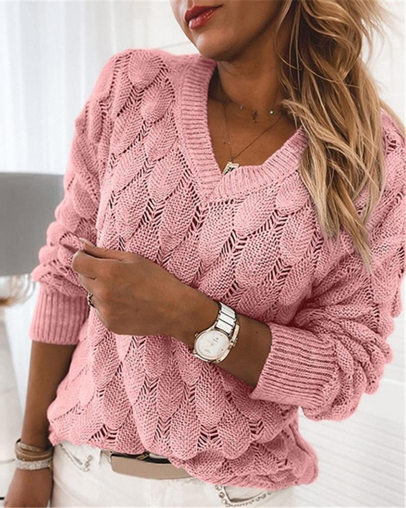 

Feather Pattern Knitted V-Neck Sweater, Pink