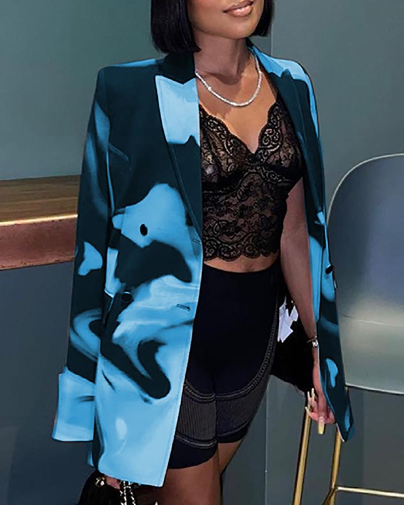 

Colorblock Buttoned Long Sleeve Blazer Coat, Blue