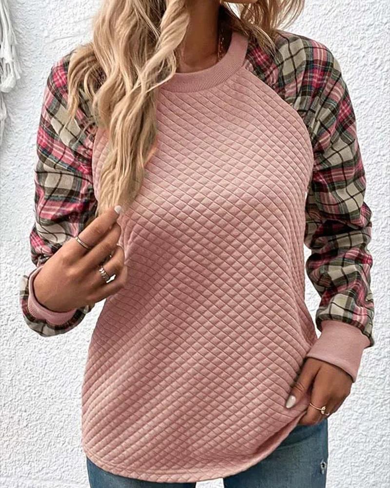 

Plaid Print Long Sleeve Textured Sweatshirt, Pink