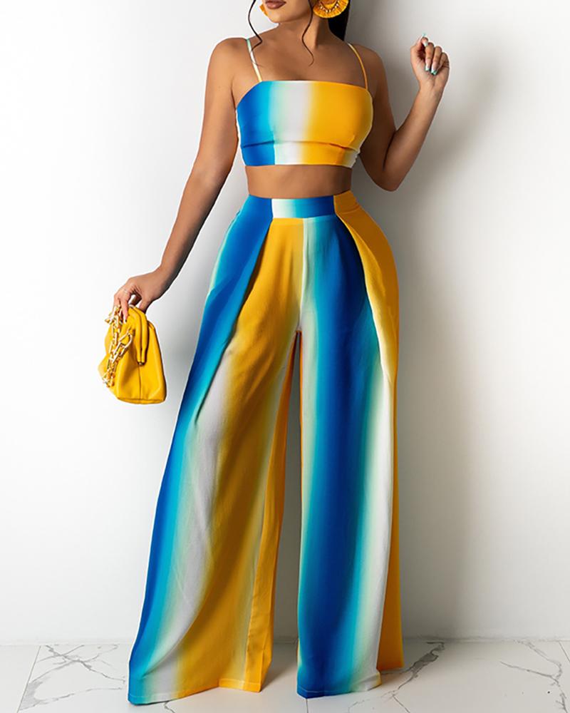 

Colorblock Knotted Backless Top & Wide Leg Pants Set, Blue