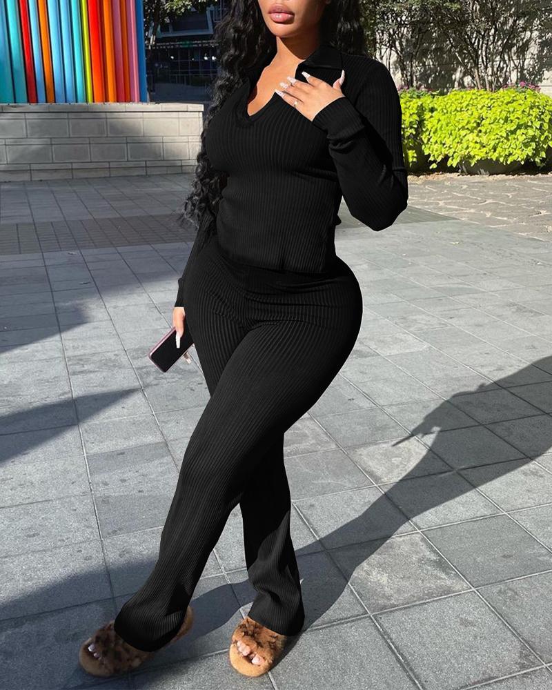 

Long Sleeve Ribbed Top & Pants Set, Black