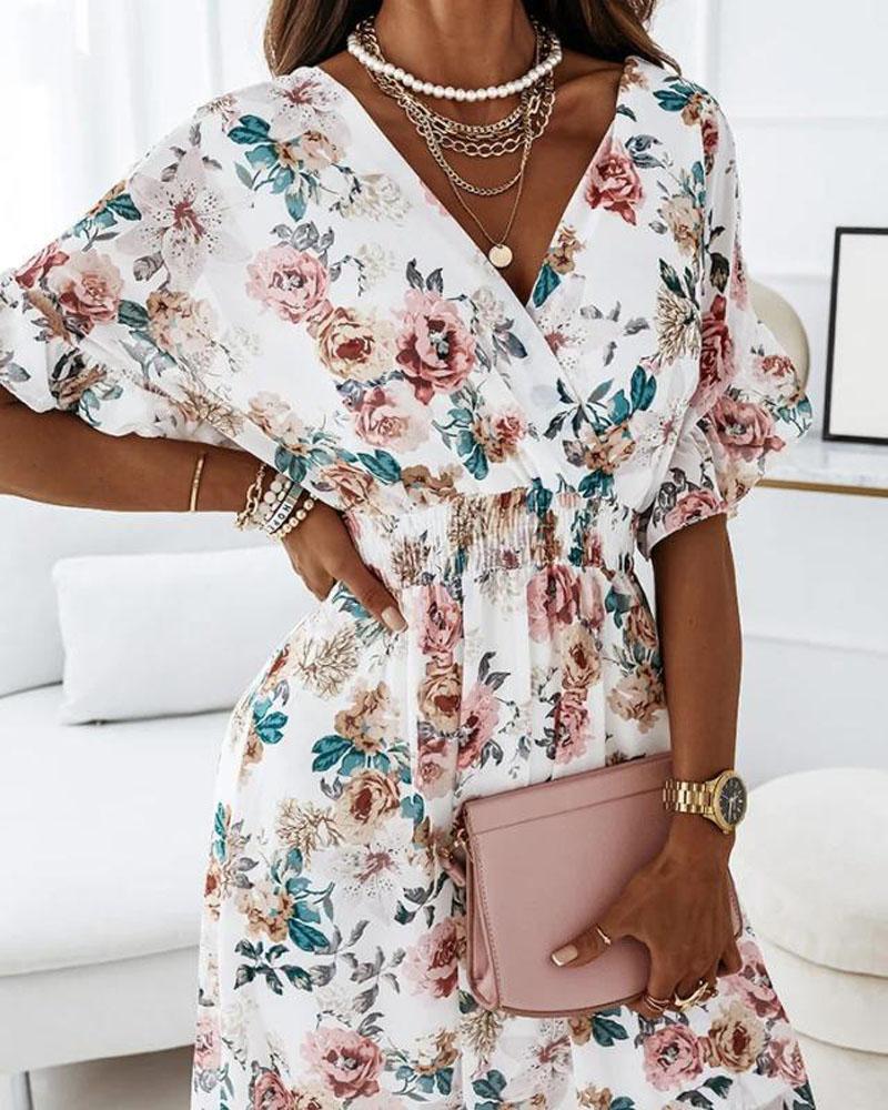 

Floral Print Ruffle Hem Shirred Waist Wrap Dress, White