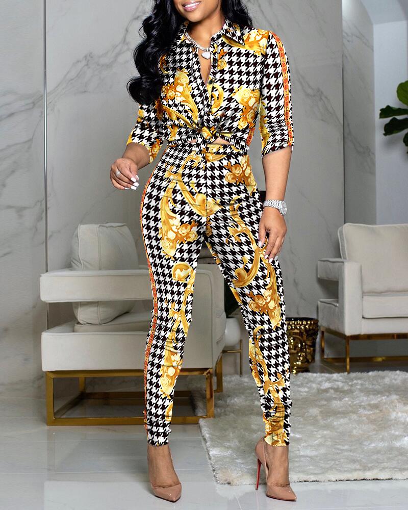 

Houndstooth Floral Print Button Down Shirt & Pants Set, Multicolor