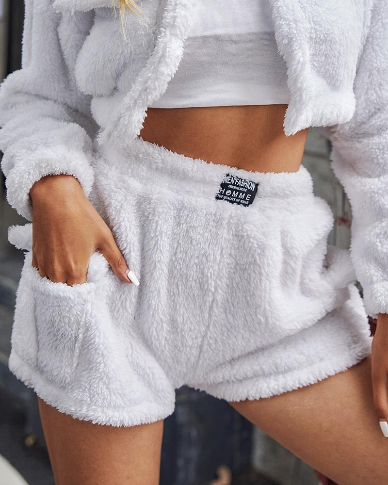 

Lable Decor Pocket Design Fluffy Shorts, White