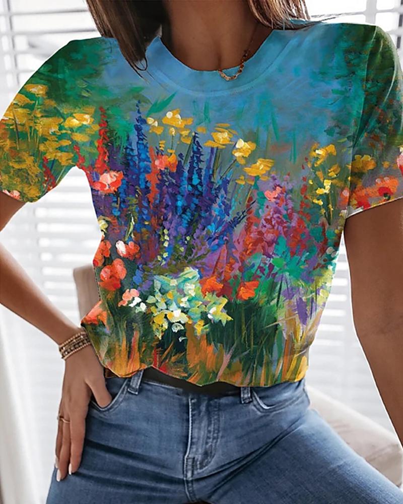 

Graphic Floral Print Round Neck Tops Basic T-shirt, Blue