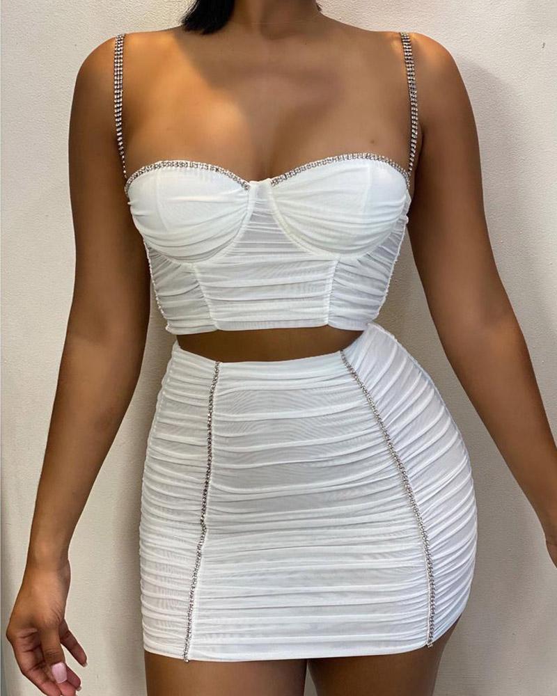 

Chain Strap Ruched Crop Cami Top & Skirt Set, White