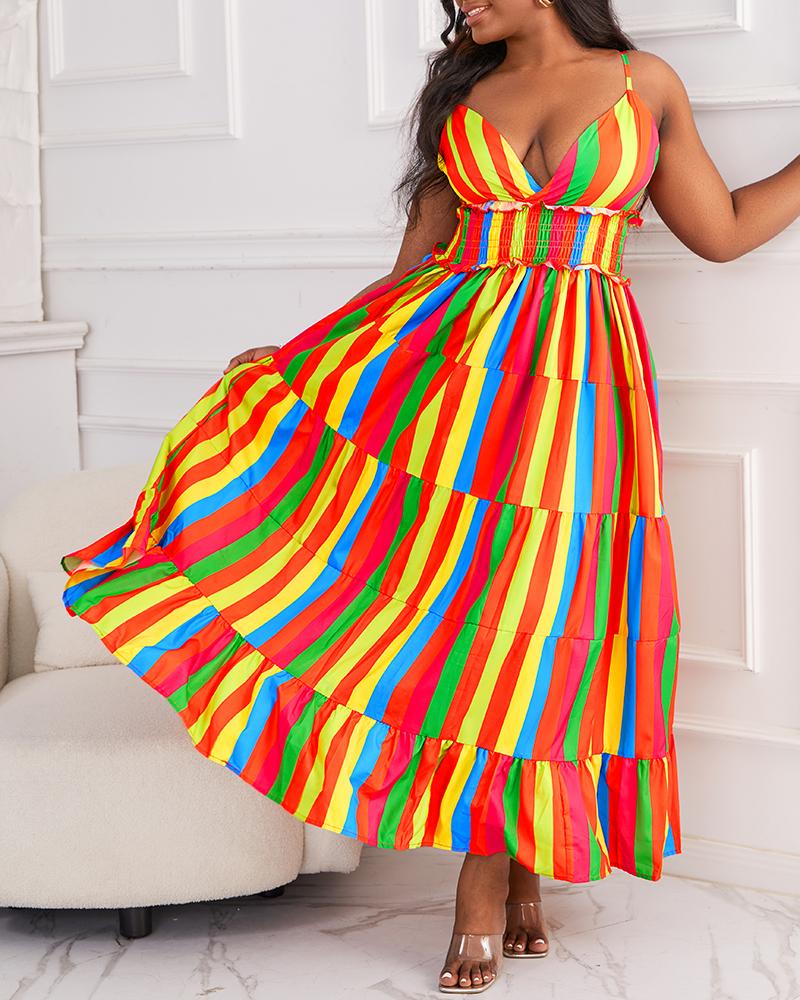 

Rainbow Stripe Print Halter Backless Maxi Dress, Multicolor