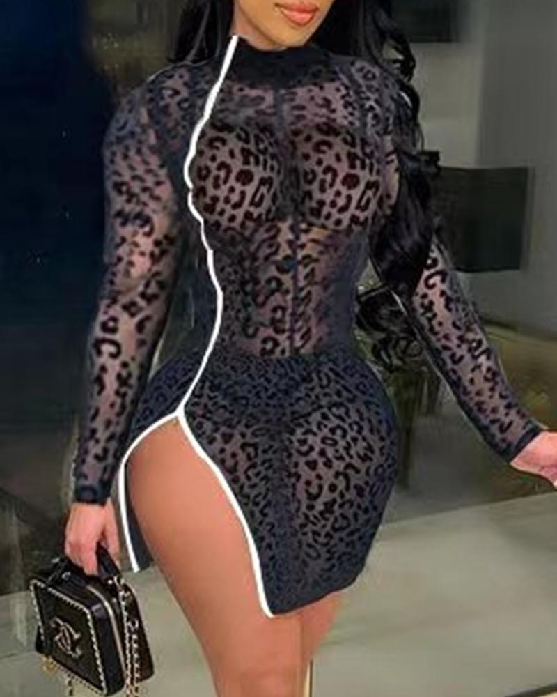 

Leopard Long Sleeve Skinny Mini Dress, Black
