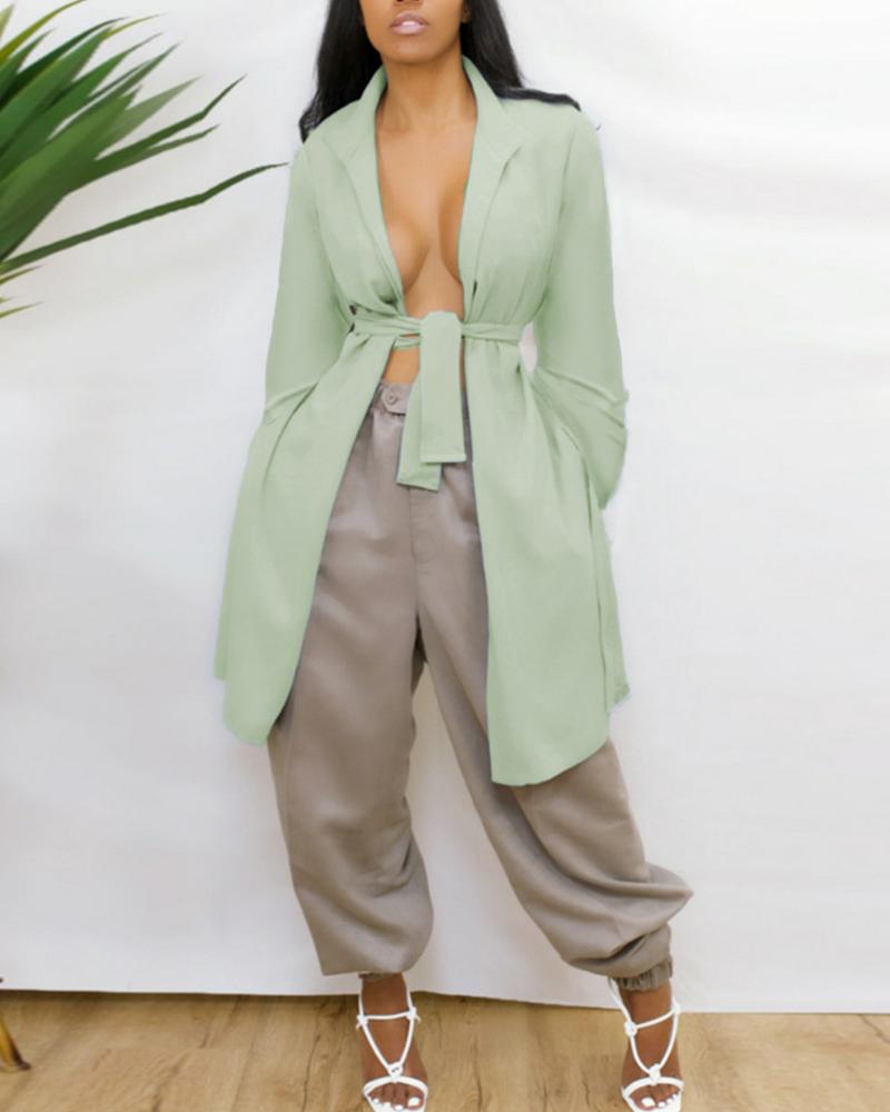 

Cutout Back Knotted Front Long Sleeve Coat, Green