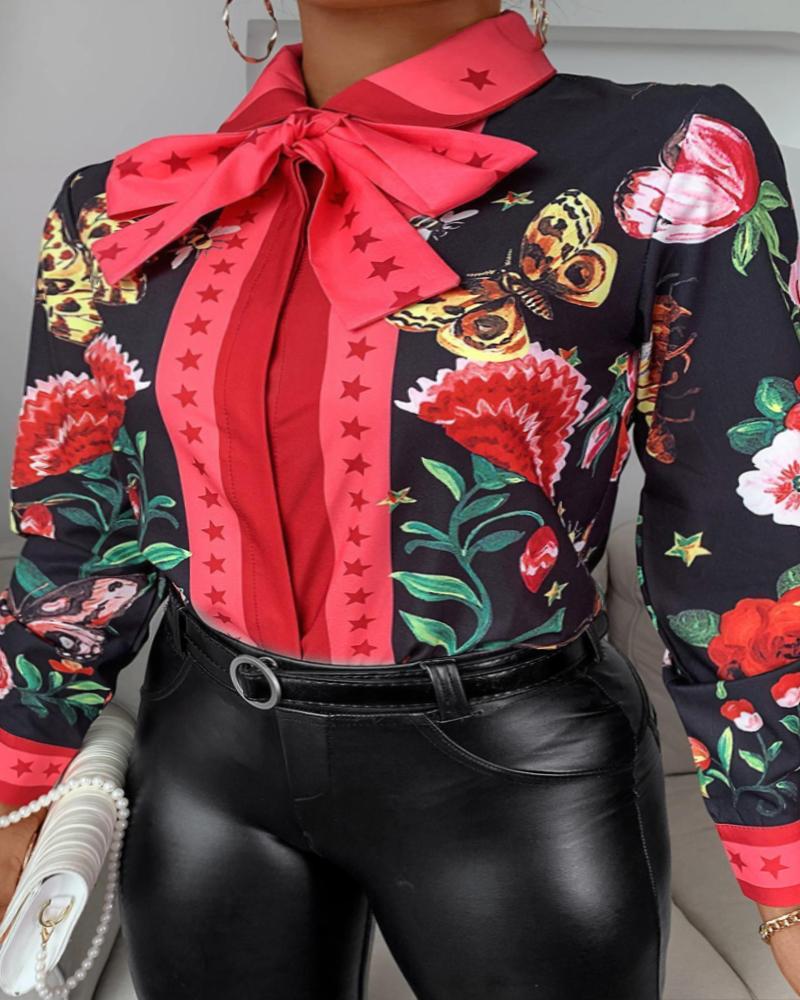 

Plus Size Floral Star Print Tie Neck Shirt, Black