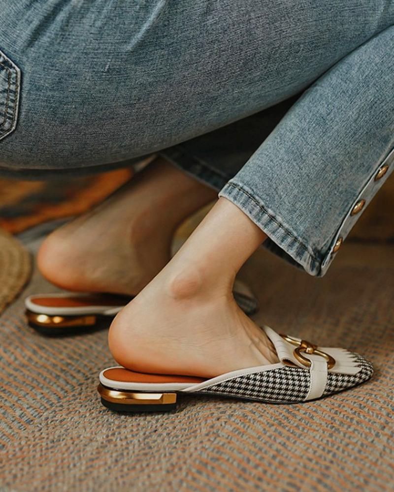 

Houndstooth Print Tassel Metal Buckled Slip-on Mule, White