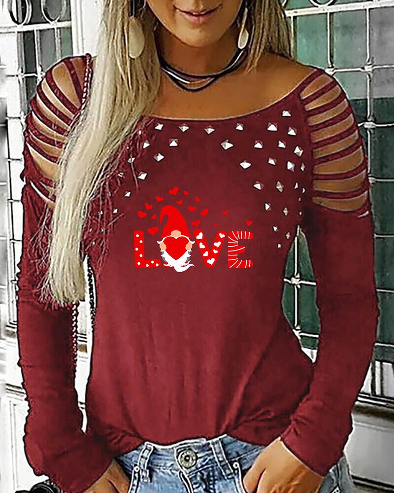

Cutout Studded Letter Heart Print Long Sleeve Top, Wine red