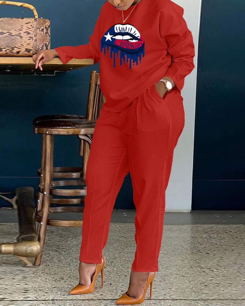 

Lip Print Long Sleeve Casual Top & Pants Set, Red