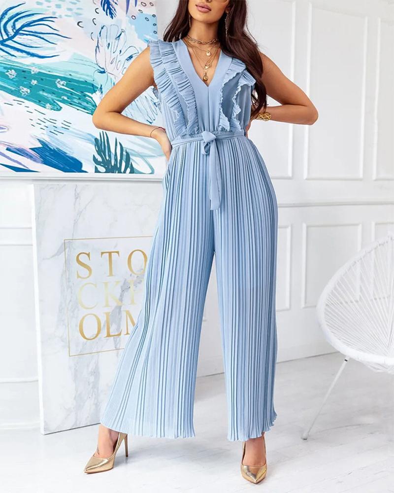 

Ruffle Hem Belted Pleated Wide Leg Jumpsuit, Blue