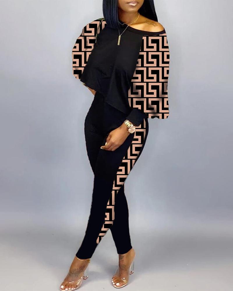 

Geometric Print Long Sleeve Top & Pants Set, Black