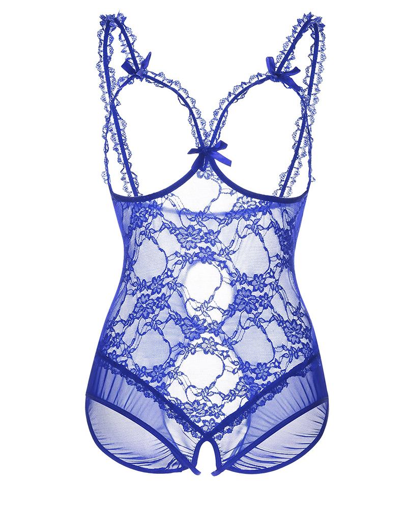 

Crochet Lace Bowknot Open Crotch Teddy, Blue