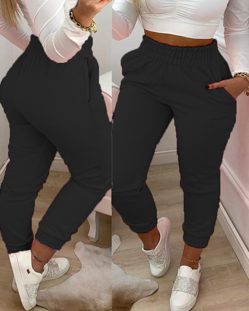 

Pocket Design Shirring Waist Frill Hem Casual Pants, Black