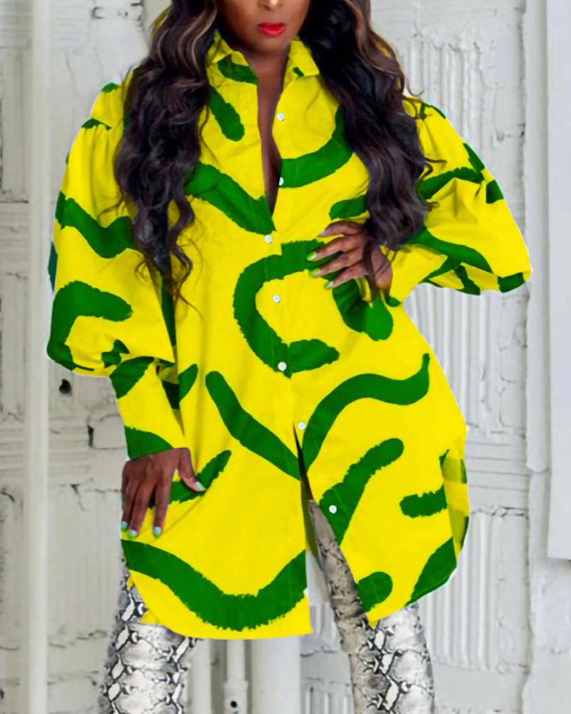 

Plus Size Abstract Print Lantern Sleeve Shirt Dress, Yellow