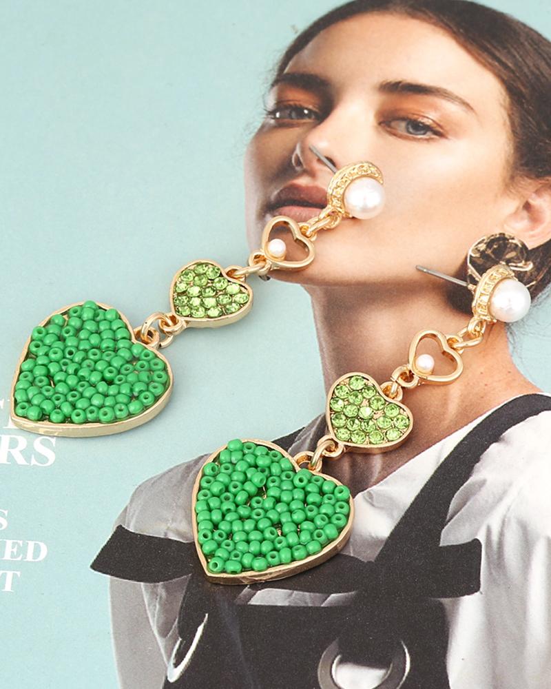 

1Pair Bohemian Heart-shaped Beaded Drop Earrings, Green