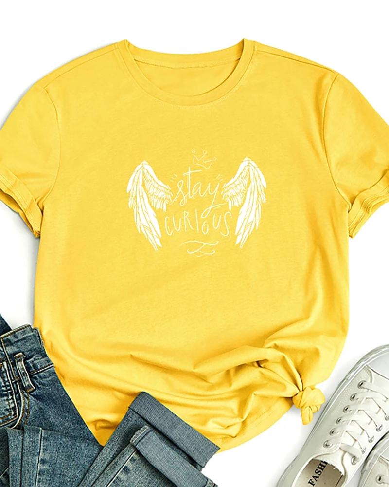 

Graphic Text Angel Print Round Neck Cotton Basic Top, Yellow