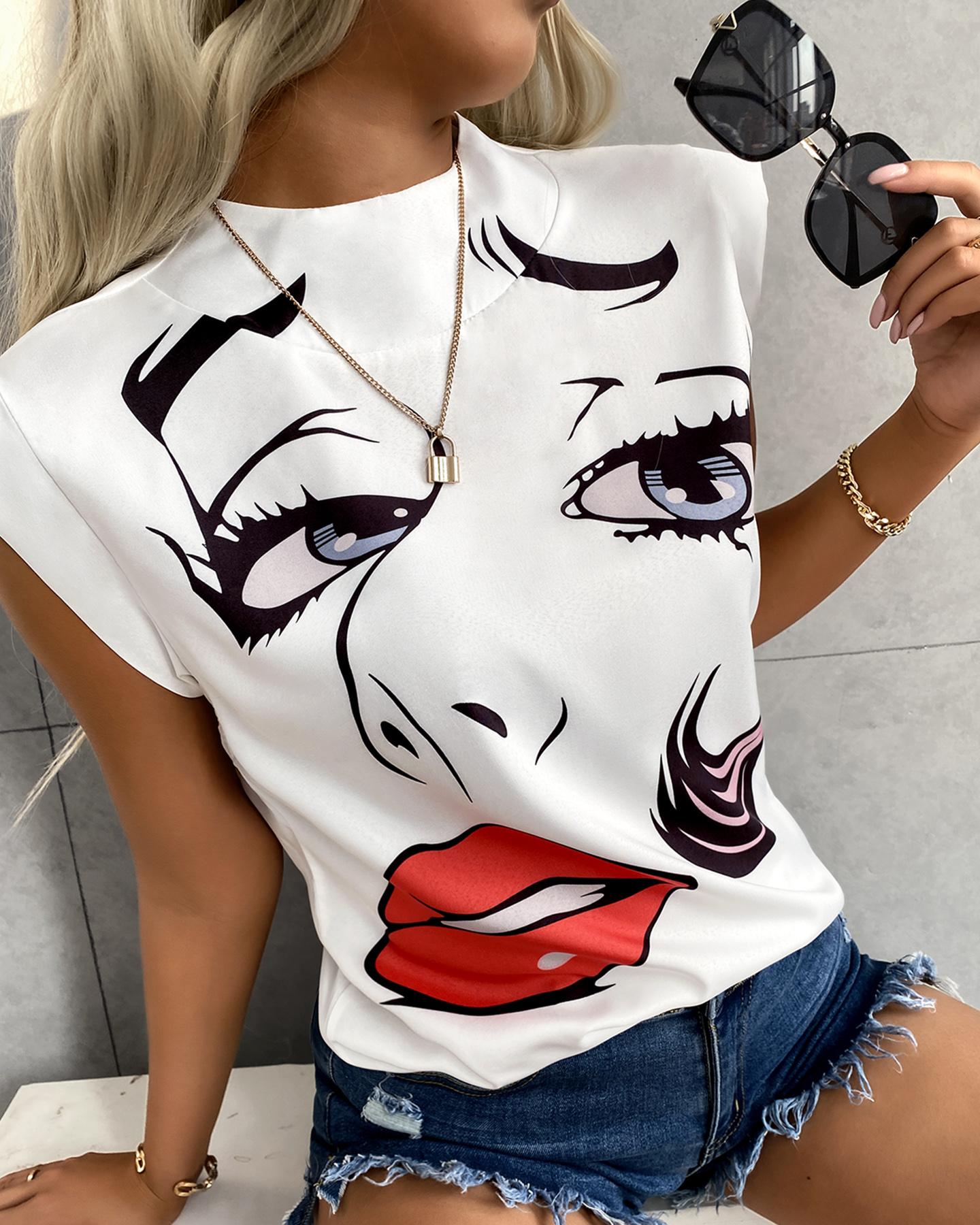 

Print Sleeveless Loose Top, White