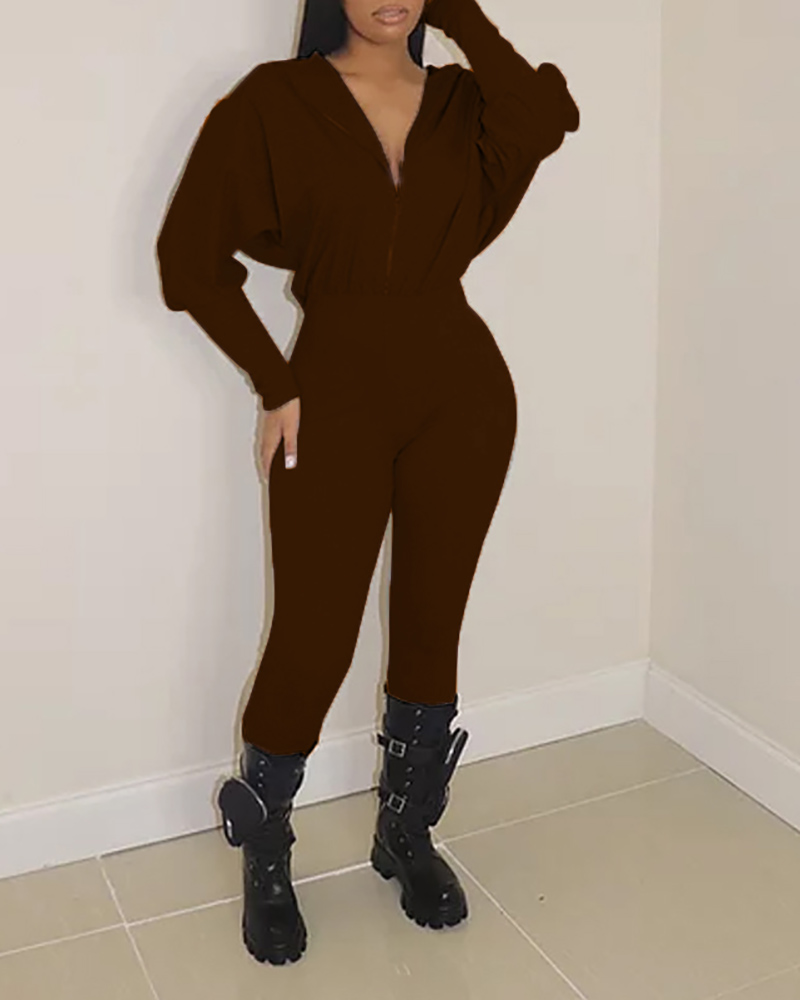 

Long Sleeve Hooded Pocket Design Jumpsuit, Coffee