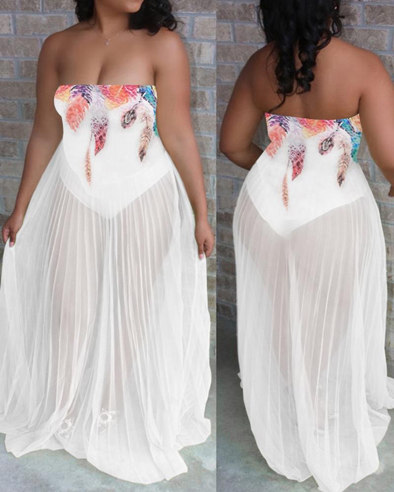 

Graphic Print Sheer Mesh Bandeau Maxi Dress, White