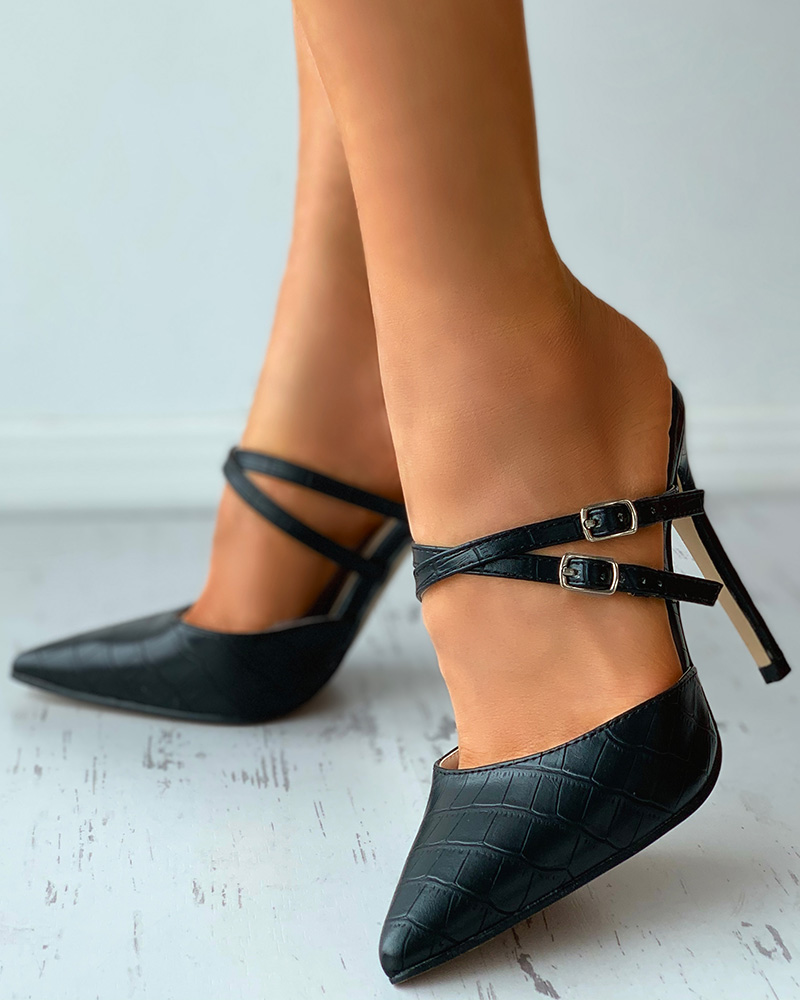 

Double Strap Croc Embossed Stiletto Heels, Black