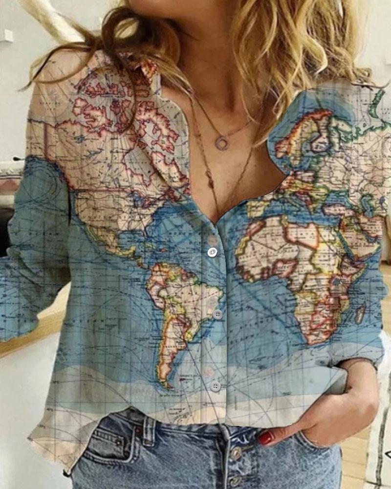 

Map Print Long Sleeve Button Front Shirt, Blue