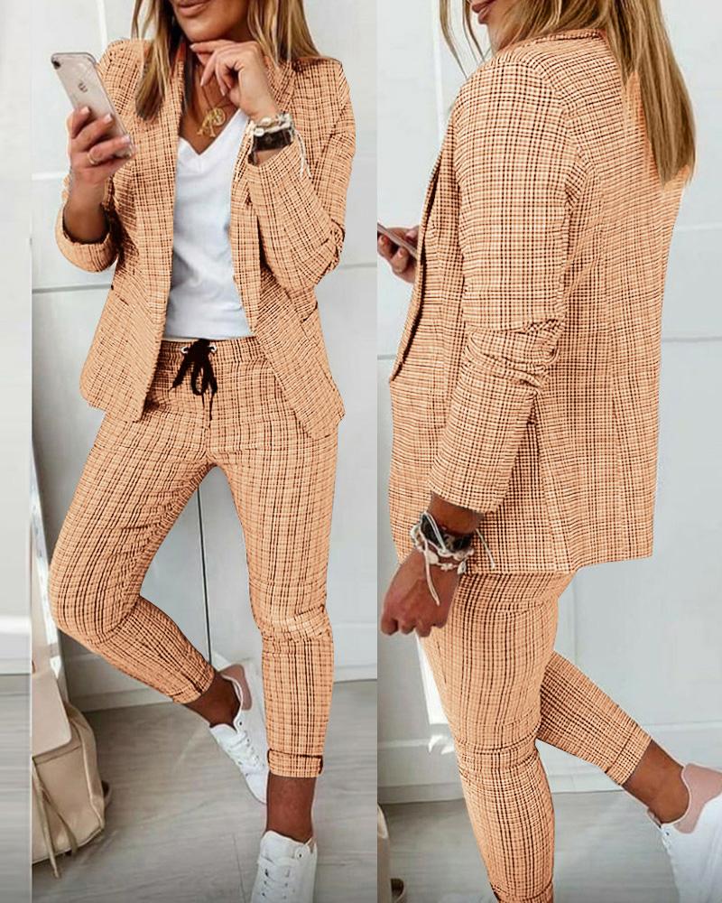 

Plaid Print Blazer Coat & Drawstring Pants Set, Khaki