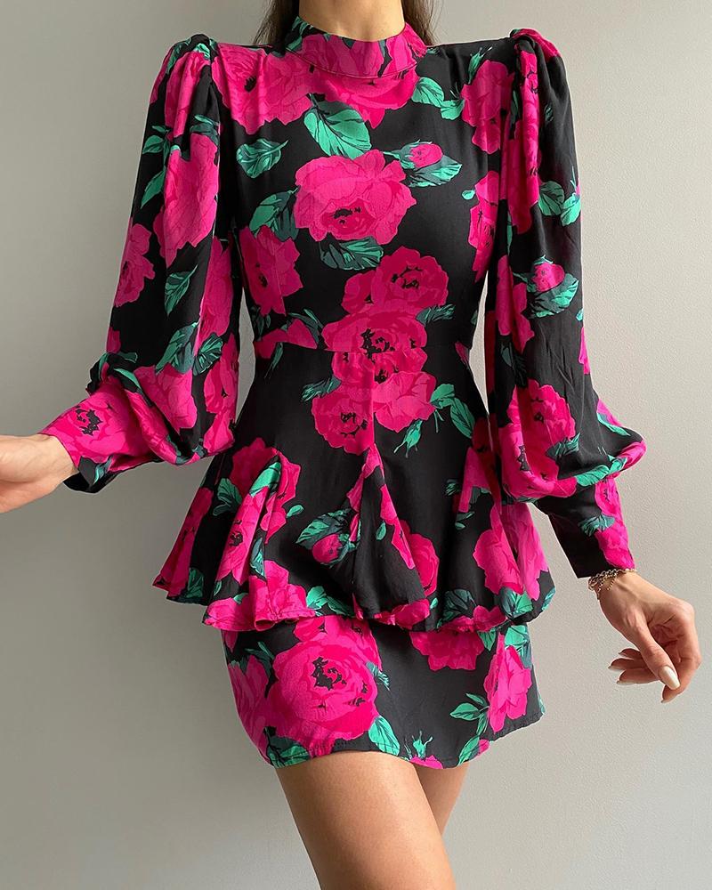

Floral Print Lantern Sleeve Layered Dress, Black